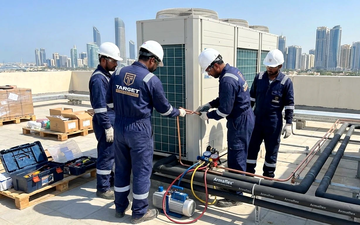 Target International engineers servicing a rooftop AC unit with the Abu Dhabi skyline behind